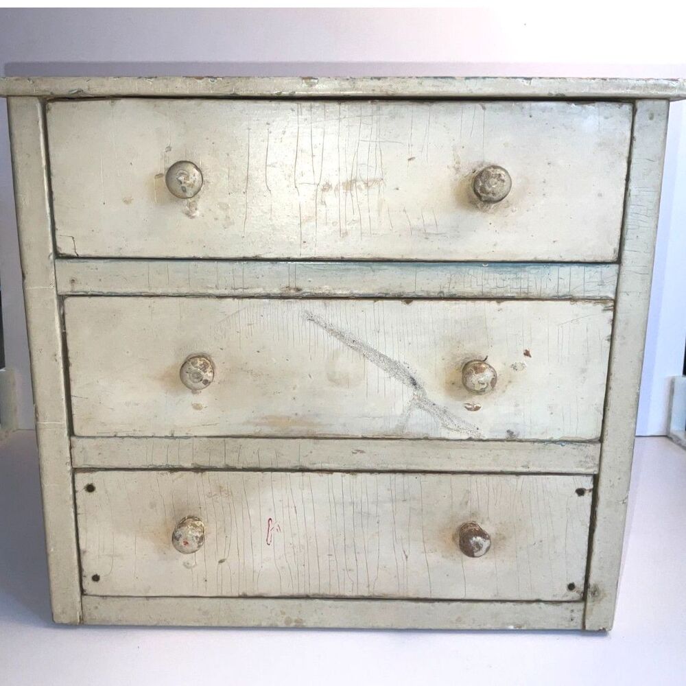 Primitive Miniature 3 Drawer Chest Cabinet Original Chippy Cream Paint Farmhouse